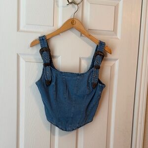Blue Denim Corset Top with Buckle Straps